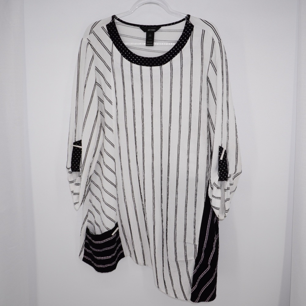 Ali Miles Womens White Black Roll Tab Asymmetric Crinkled Lagenlook Tunic‎ Top L